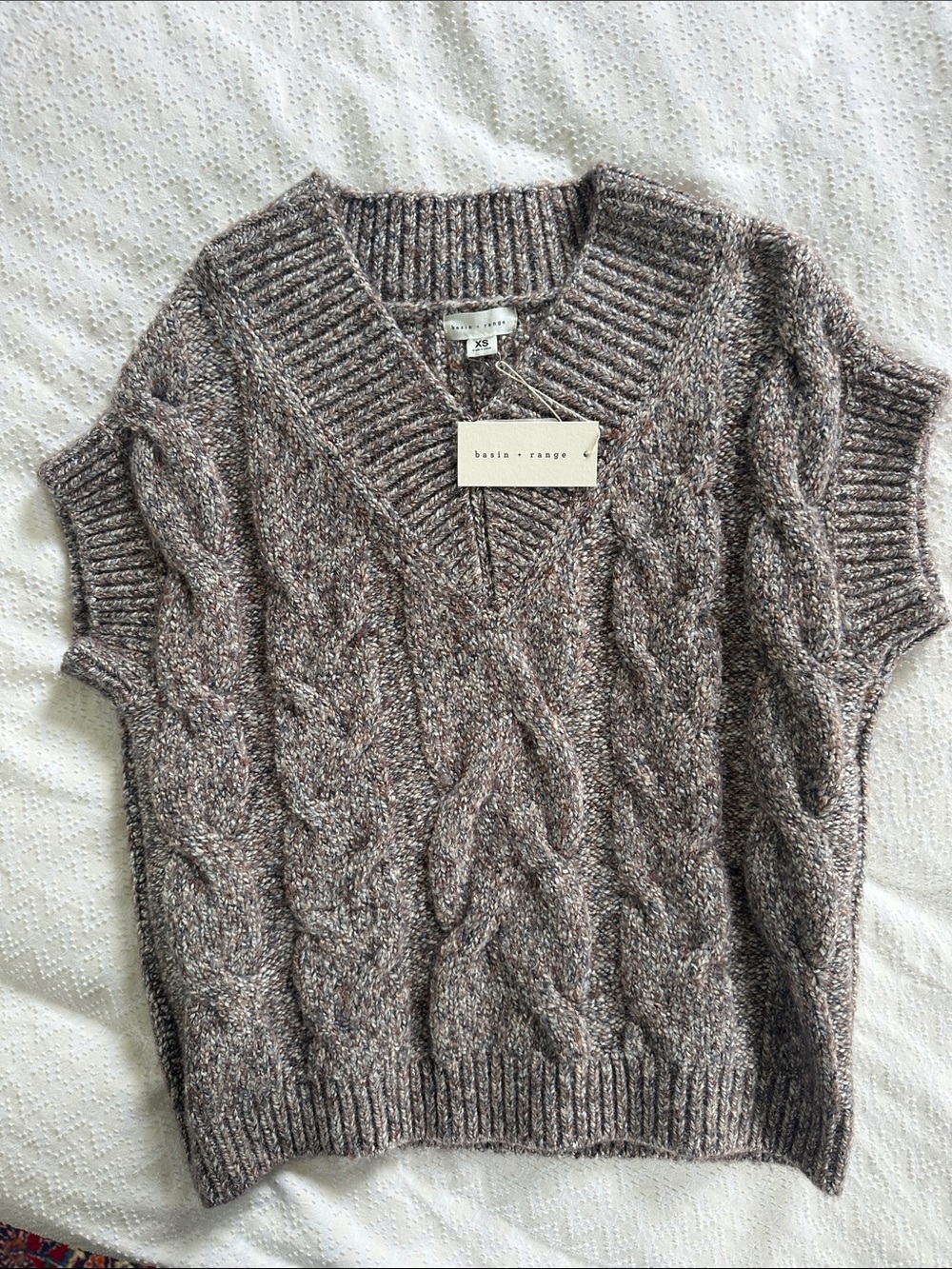 Women's Cable Knit V-Neck Sweater Vest in Heather Taupe - basin + range brand